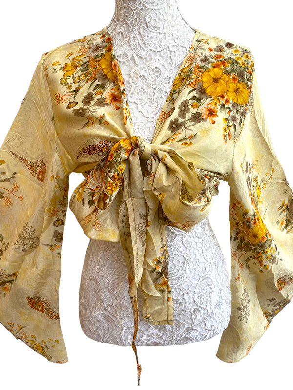 Bell Sleeve Crop Top blouse Boho Hippy Festival retro Sari Silk summer UK 8-16