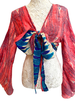 Bell Sleeve Crop Top blouse Boho Hippy Festival retro Sari Silk summer UK 8-16