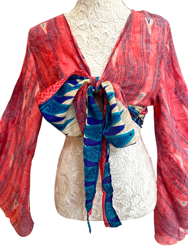 Bell Sleeve Crop Top blouse Boho Hippy Festival retro Sari Silk summer UK 8-16