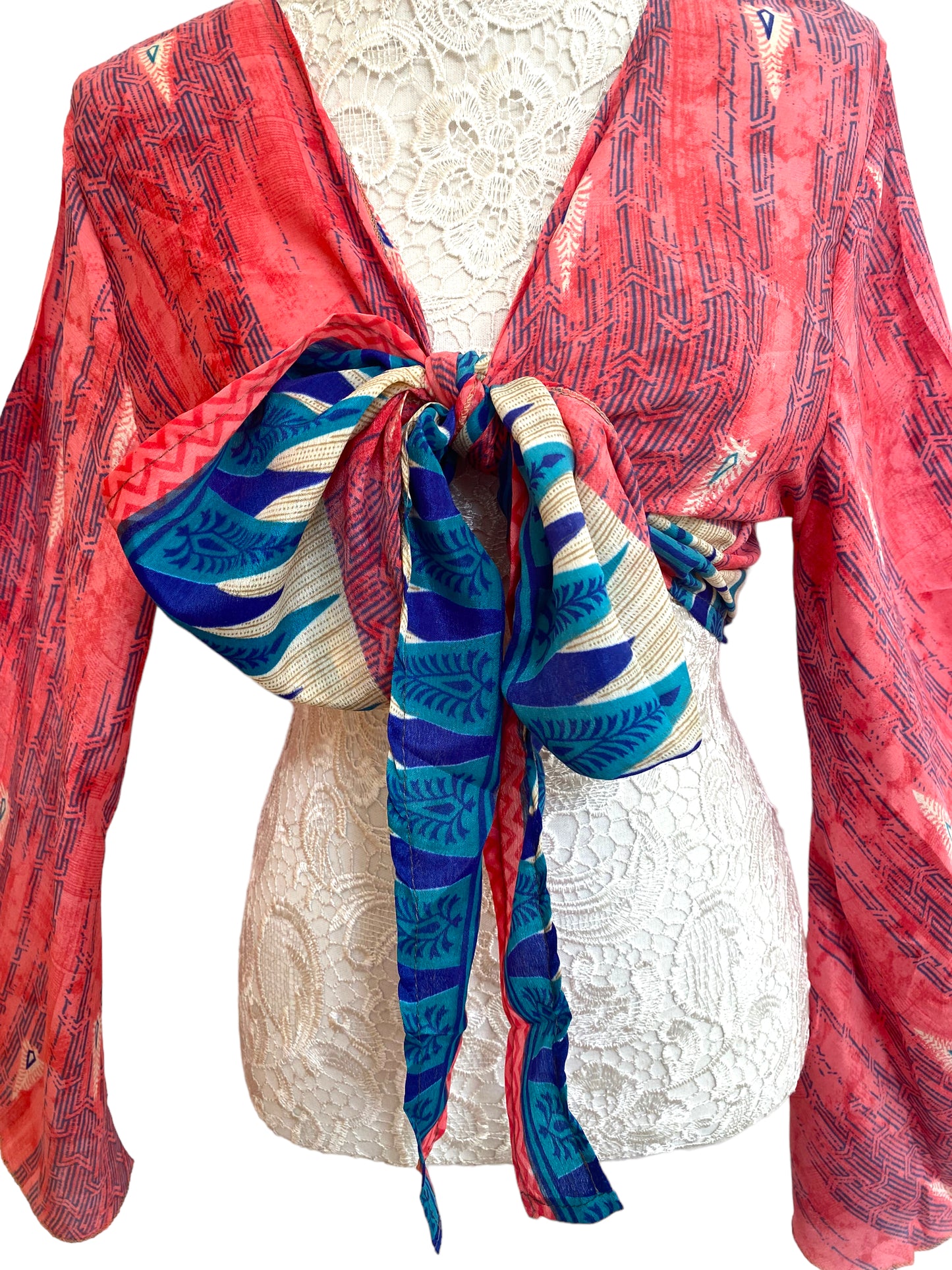 Bell Sleeve Crop Top blouse Boho Hippy Festival retro Sari Silk summer UK 8-16