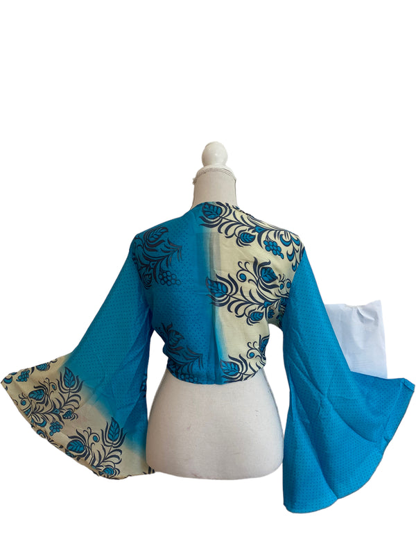 Bell Sleeve Crop Top blouse Boho Hippy Festival retro Sari Silk summer UK 8-16
