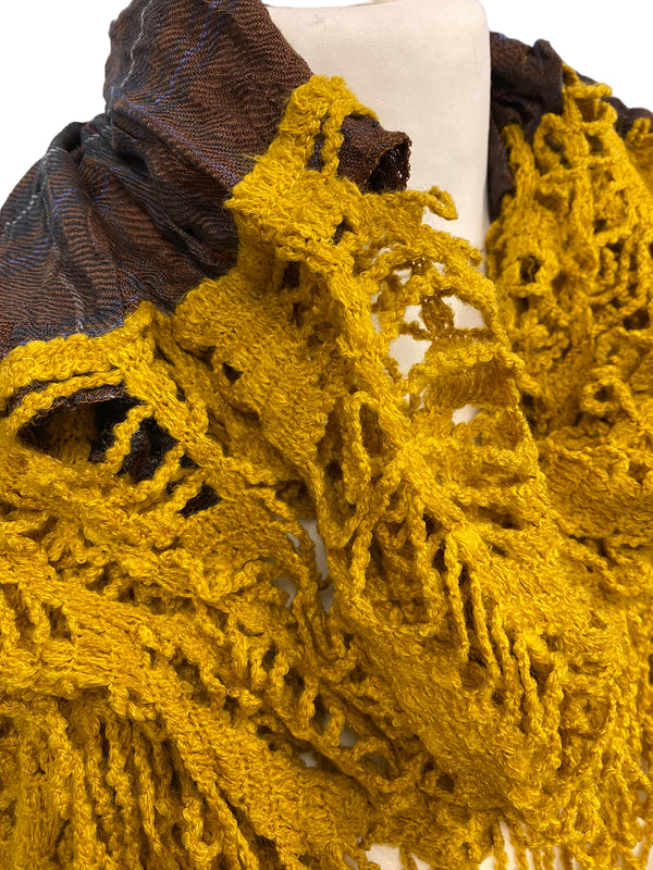 LARGE Brown Tartan Saffron Mustard Scarf wrap, Shaggy funky Boho hippy shawl, Long tassel super soft, LETTUCE OF LONDON gift idea