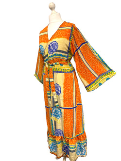 WRAP DRESS pretty Vintage Bell Sleeve Sari Silk Boho Hippy Festival party 14-20