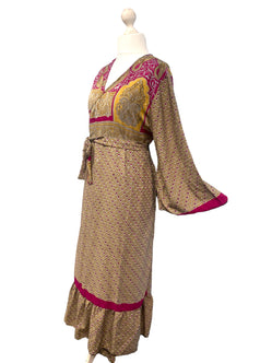 WRAP DRESS pretty Vintage Bell Sleeve Sari Silk Boho Hippy Festival party 14-20