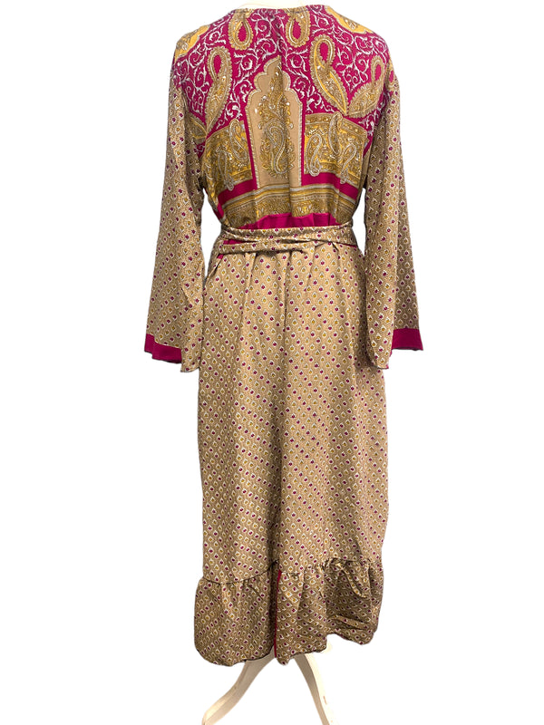 WRAP DRESS pretty Vintage Bell Sleeve Sari Silk Boho Hippy Festival party 14-20