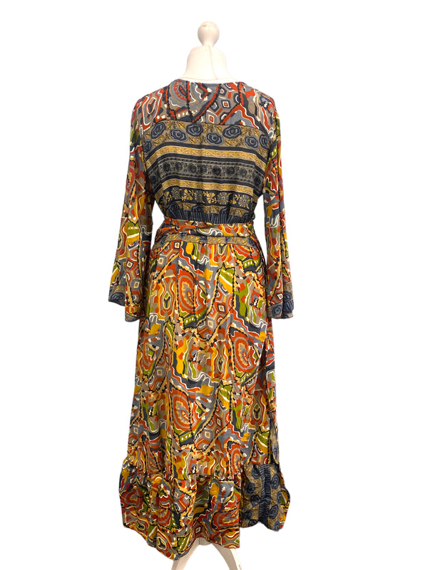 WRAP DRESS pretty Vintage Bell Sleeve Sari Silk Boho Hippy Festival party 14-20