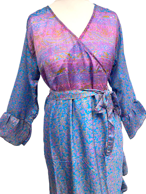 WRAP DRESS summer Vintage Flounced Sleeve Sari SILK Boho Hippy Festival UK 14-20