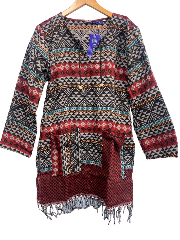 TUNIC Boho hippie JUMPER PULLOVER SWEATER BLUE winter warm tassel top UK 8 - 14