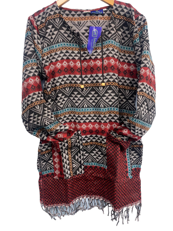 TUNIC Boho hippie JUMPER PULLOVER SWEATER BLUE winter warm tassel top UK 8 - 14