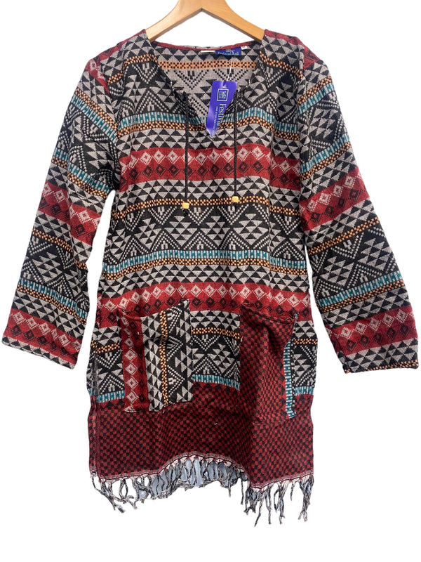 TUNIC Boho hippie JUMPER PULLOVER SWEATER BLUE winter warm tassel top UK 8 - 14