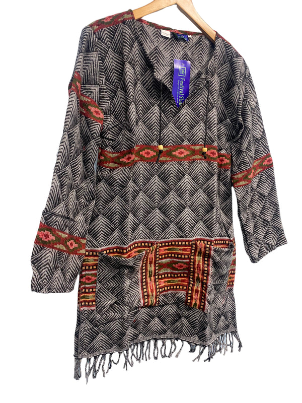 GREY TUNIC TOP Boho hippie JUMPER PULLOVER SWEATER winter warm tassel top 8 - 14