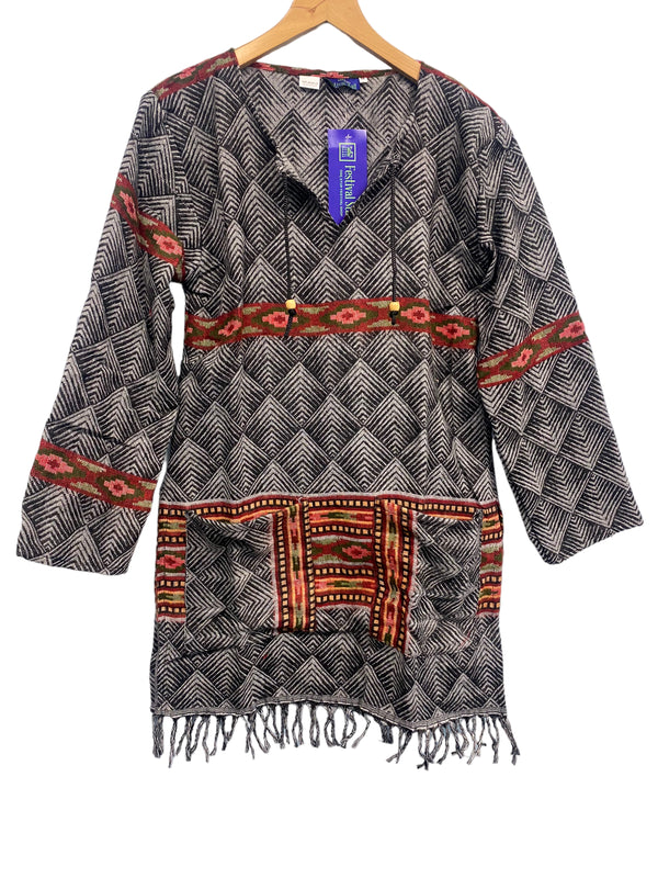 GREY TUNIC TOP Boho hippie JUMPER PULLOVER SWEATER winter warm tassel top 8 - 14