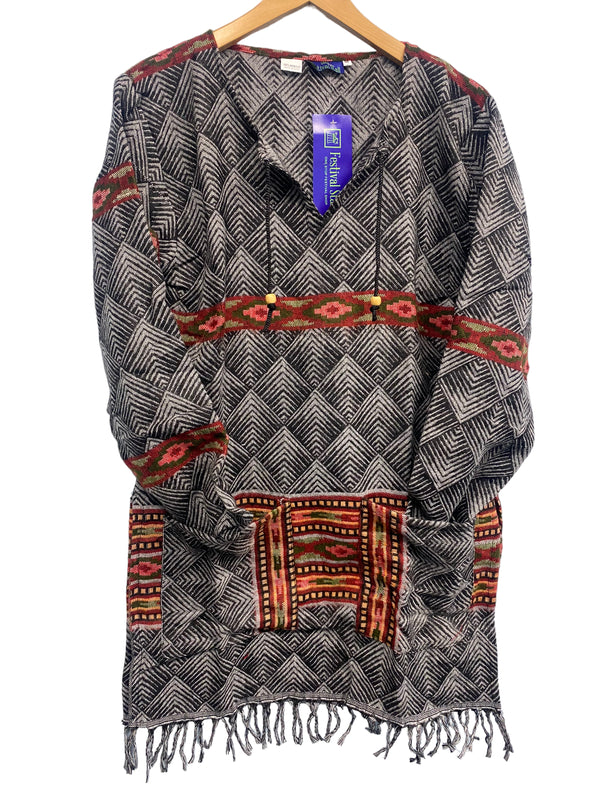 GREY TUNIC TOP Boho hippie JUMPER PULLOVER SWEATER winter warm tassel top 8 - 14