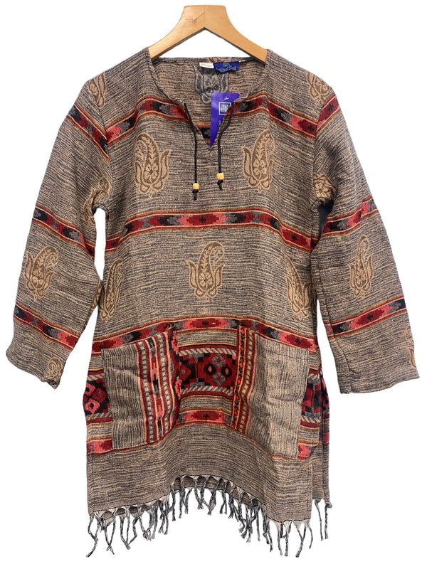 Festival Stall LTD Boho festival Clothing TUNIC BURGUNDY BOHO JUMPER PULLOVER SWEATER winter warm tassel Top UK 8 - 10