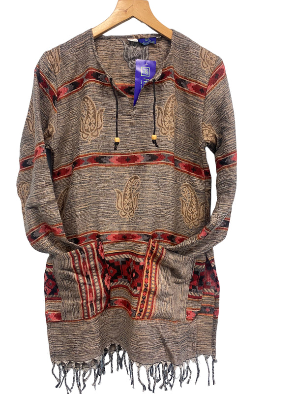 Festival Stall LTD Boho festival Clothing TUNIC BURGUNDY BOHO JUMPER PULLOVER SWEATER winter warm tassel Top UK 8 - 10