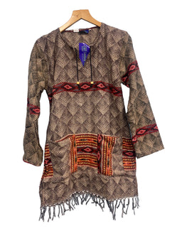 Festival Stall LTD Boho festival Clothing TUNIC Boho hippie Jumper Pullover BROWN top winter warm tassel top UK 8 - 14