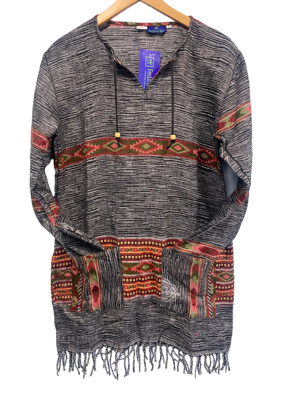 TUNIC JUMPER PULLOVER SWEATER Boho hippy GREY winter warm tassel top UK 12 14