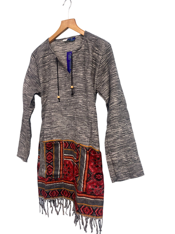 TUNIC JUMPER PULLOVER SWEATER Boho hippy GREY winter warm tassel top UK 12 14