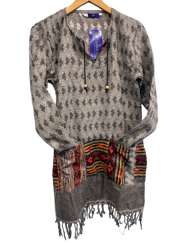 Festival Stall LTD Boho festival Clothing TUNIC JUMPER PULLOVER SWEATER Boho hippy GREY winter warm tassel top UK 12 14