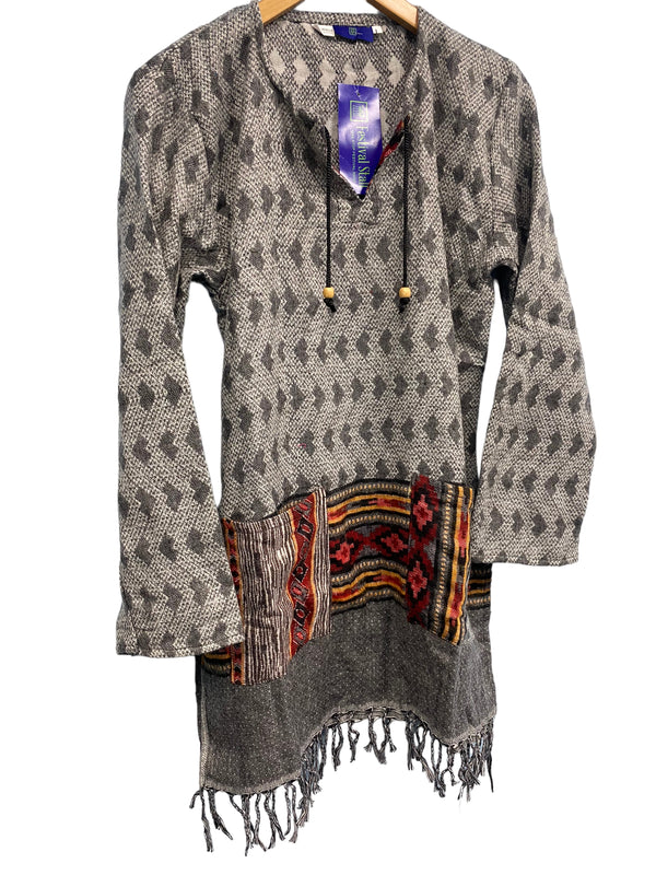 Festival Stall LTD Boho festival Clothing TUNIC JUMPER PULLOVER SWEATER Boho hippy GREY winter warm tassel top UK 12 14