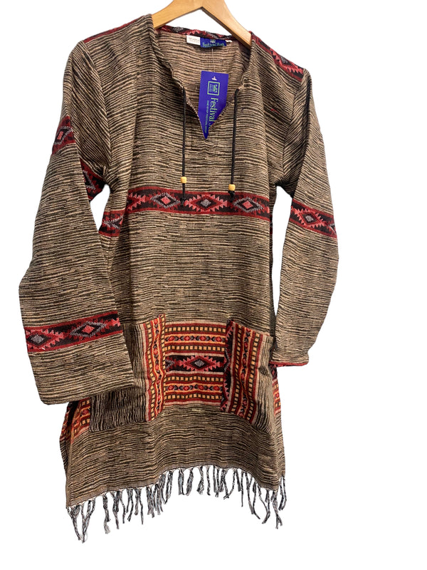 Khaki Brown TUNIC JUMPER PULLOVER SWEATER Boho Hippy, winter warm tassel Top UK 8 - 14