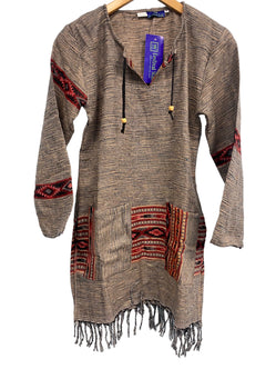 Festival Stall LTD Boho festival Clothing Grey Brown TUNIC JUMPER PULLOVER SWEATER Boho Hippy, winter warm tassel Top UK 8 - 10