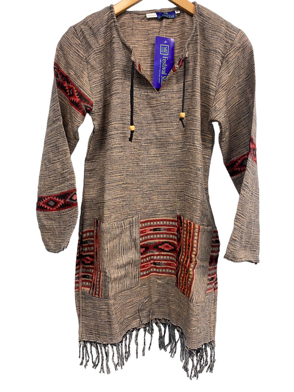 Festival Stall LTD Boho festival Clothing Grey Brown TUNIC JUMPER PULLOVER SWEATER Boho Hippy, winter warm tassel Top UK 8 - 10