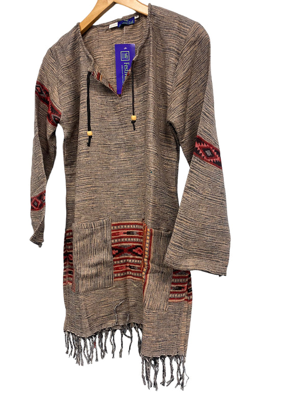 Festival Stall LTD Boho festival Clothing Grey Brown TUNIC JUMPER PULLOVER SWEATER Boho Hippy, winter warm tassel Top UK 8 - 10