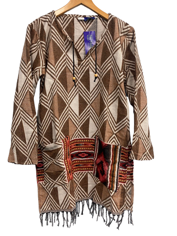 Festival Stall LTD Boho festival Clothing Brown TUNIC JUMPER PULLOVER SWEATER Boho Hippy, winter warm tassel Top UK 8 - 10