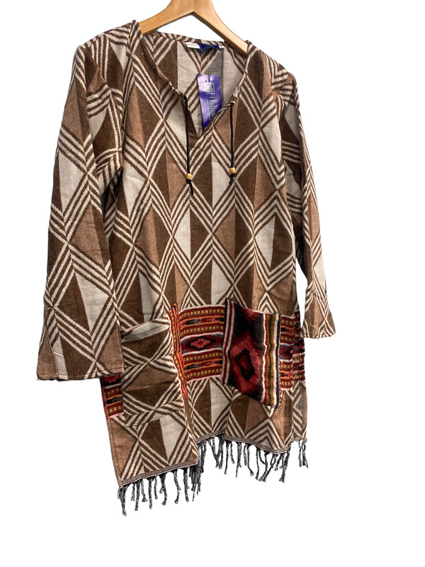 Festival Stall LTD Boho festival Clothing Brown TUNIC JUMPER PULLOVER SWEATER Boho Hippy, winter warm tassel Top UK 8 - 10