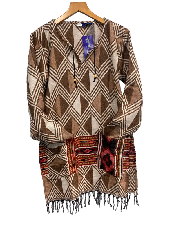 Festival Stall LTD Boho festival Clothing Brown TUNIC JUMPER PULLOVER SWEATER Boho Hippy, winter warm tassel Top UK 8 - 10