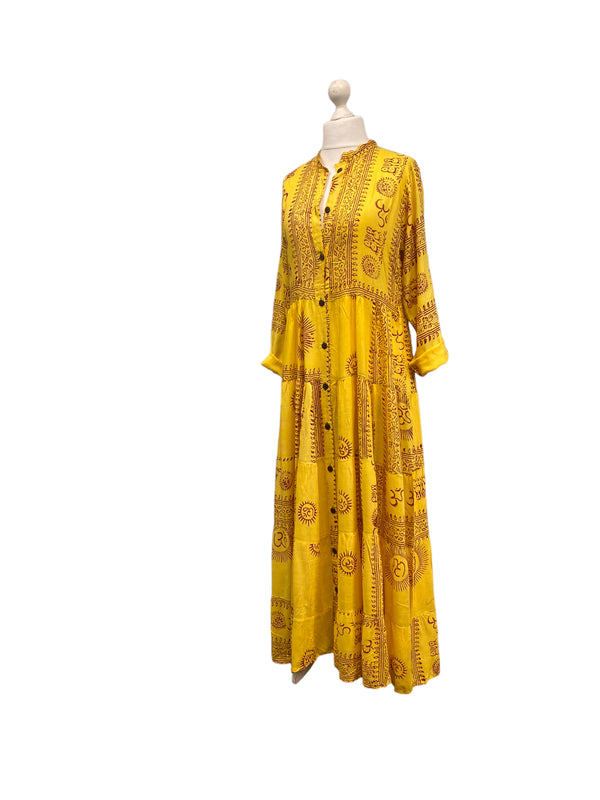 Festival Stall LTD Boho festival Clothing Yellow Maxi Dress Boho hippy festival style, Om print, Yoga Floaty LONG UK 8 - 14