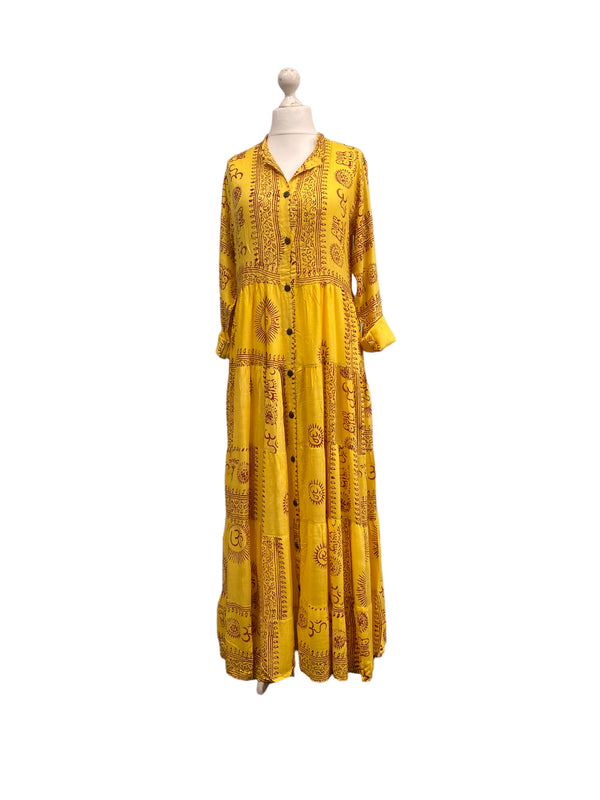 Festival Stall LTD Boho festival Clothing Yellow Maxi Dress Boho hippy festival style, Om print, Yoga Floaty LONG UK 8 - 14