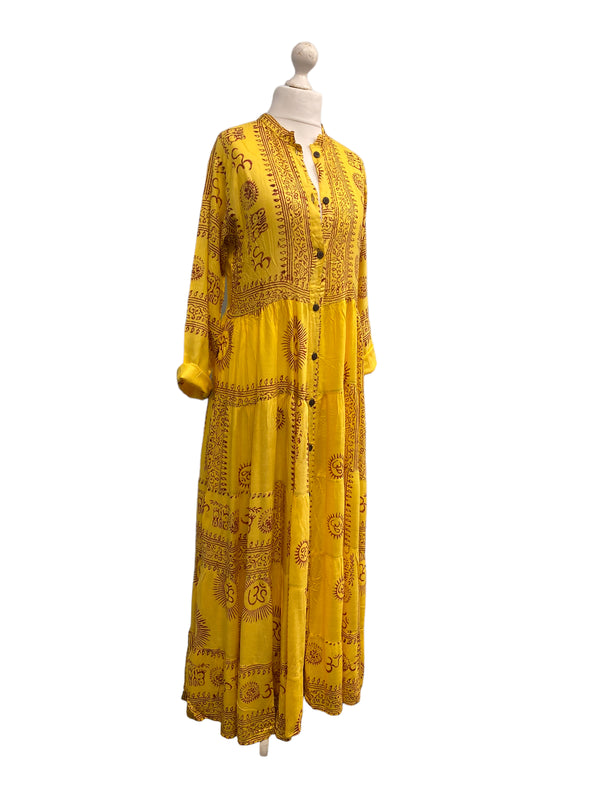 Festival Stall LTD Boho festival Clothing Yellow Maxi Dress Boho hippy festival style, Om print, Yoga Floaty LONG UK 8 - 14