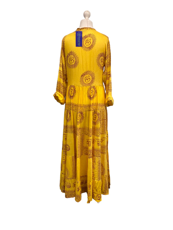 Festival Stall LTD Boho festival Clothing Yellow Maxi Dress Boho hippy festival style, Om print, Yoga Floaty LONG UK 8 - 14