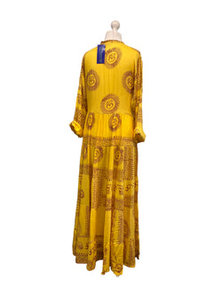 Festival Stall LTD Boho festival Clothing Yellow Maxi Dress Boho hippy festival style, Om print, Yoga Floaty LONG UK 8 - 14
