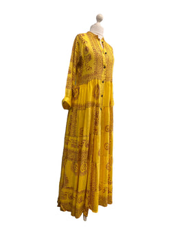 Festival Stall LTD Boho festival Clothing Yellow Maxi Dress Boho hippy festival style, Om print, Yoga Floaty LONG UK 8 - 14