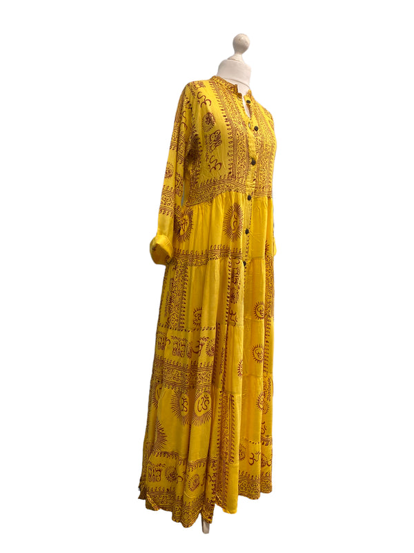 Festival Stall LTD Boho festival Clothing Yellow Maxi Dress Boho hippy festival style, Om print, Yoga Floaty LONG UK 8 - 14