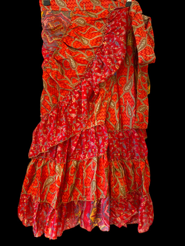 Festival Stall LTD Boho festival Clothing RED Wrap SKIRT Boho hippy Festival short frilled, sexy mini, Sari Silk UK 8 10 12