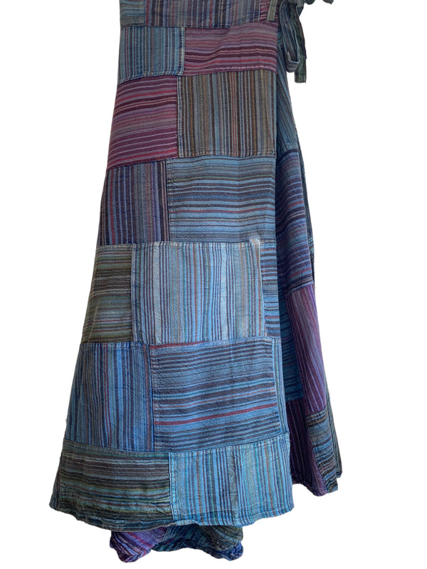 Purple & Blue Long Patchwork Wrap Skirt, Boho Hippy Festival 100% Cotton summer Maxi length UK 8-16