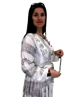 Festival Stall LTD Boho festival Clothing Boho hippy festival om print yoga white long maxi summer dress uk 8 10 12 14 16