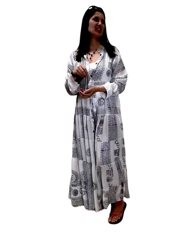 Festival Stall LTD Boho festival Clothing Boho hippy festival om print yoga white long maxi summer dress uk 8 10 12 14 16