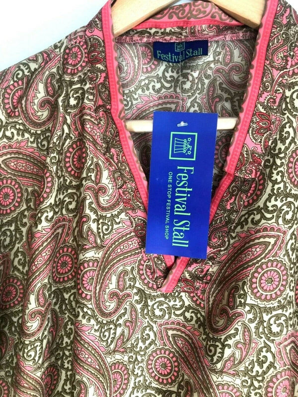Festival Stall LTD Boho festival Clothing Festival boho hippie, retro ethnic print, pink & beige v-neck, long sleeve, tunic, blouse, top, 100% pure silk uk 8 10 12 14 us 4 6 8 10