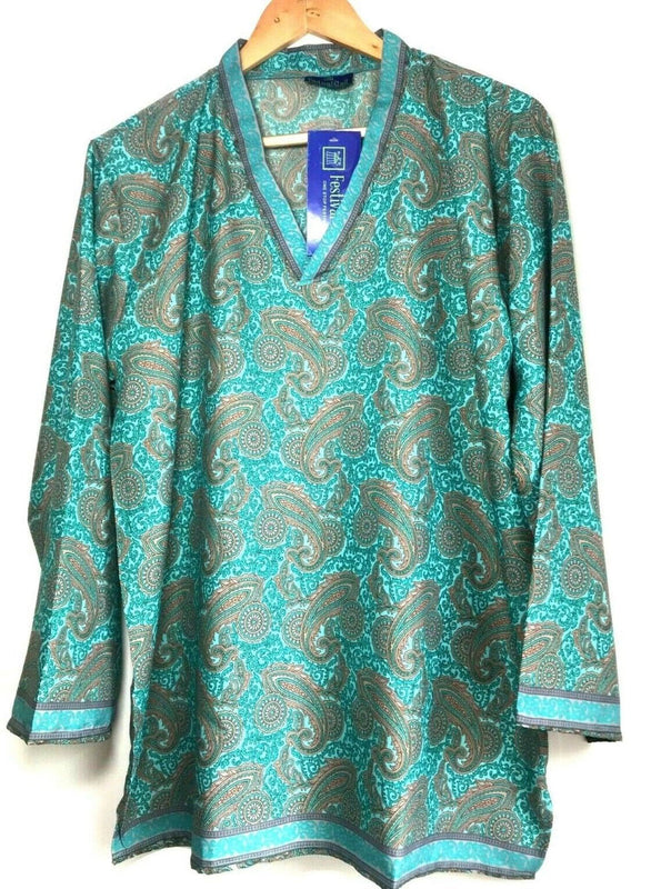 Festival Stall LTD Boho festival Clothing Festival boho hippie retro ethnic print vintage turquoise blue v-neck long sleeve tunic blouse top 100% pure silk uk 8 10 12 14 s m