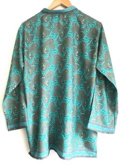 Festival Stall LTD Boho festival Clothing Festival boho hippie retro ethnic print vintage turquoise blue v-neck long sleeve tunic blouse top 100% pure silk uk 8 10 12 14 s m