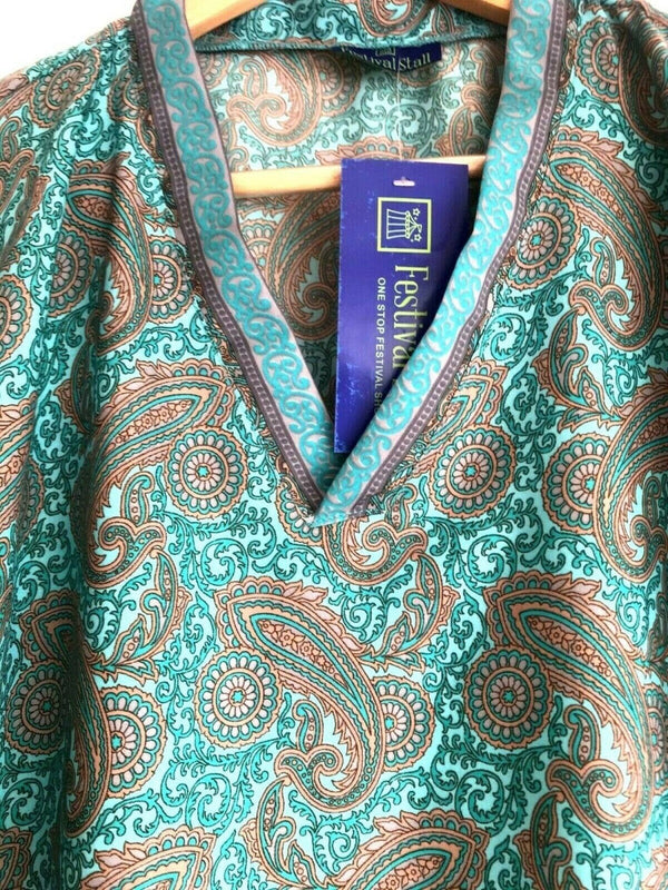 Festival Stall LTD Boho festival Clothing Festival boho hippie retro ethnic print vintage turquoise blue v-neck long sleeve tunic blouse top 100% pure silk uk 8 10 12 14 s m