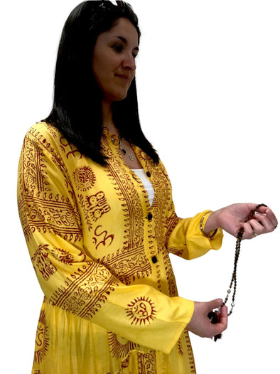 Festival Stall LTD Boho festival Clothing Yellow Maxi Dress Boho hippy festival style, Om print, Yoga Floaty LONG UK 8 - 14