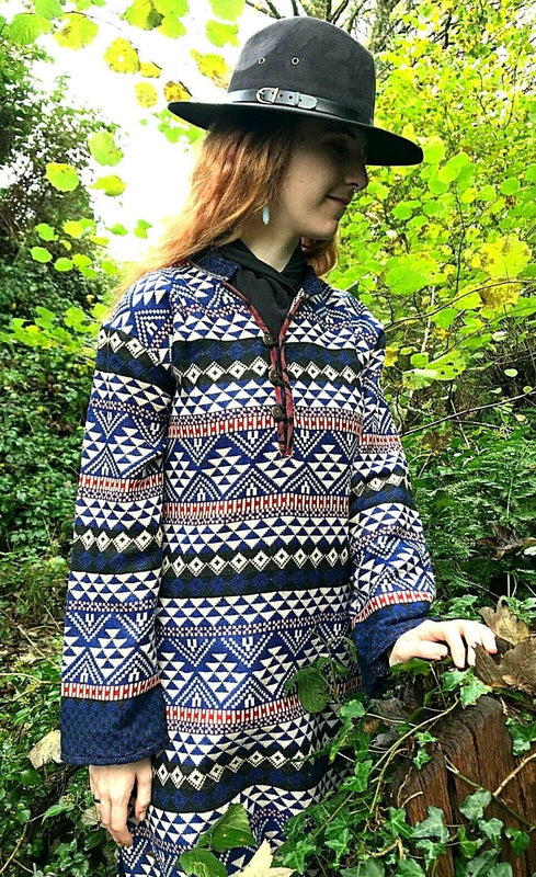 Boho Hippie Ethnic Indian Warm Kurta LONG Blue Dress Tunic UK 12 14 16 L  XL