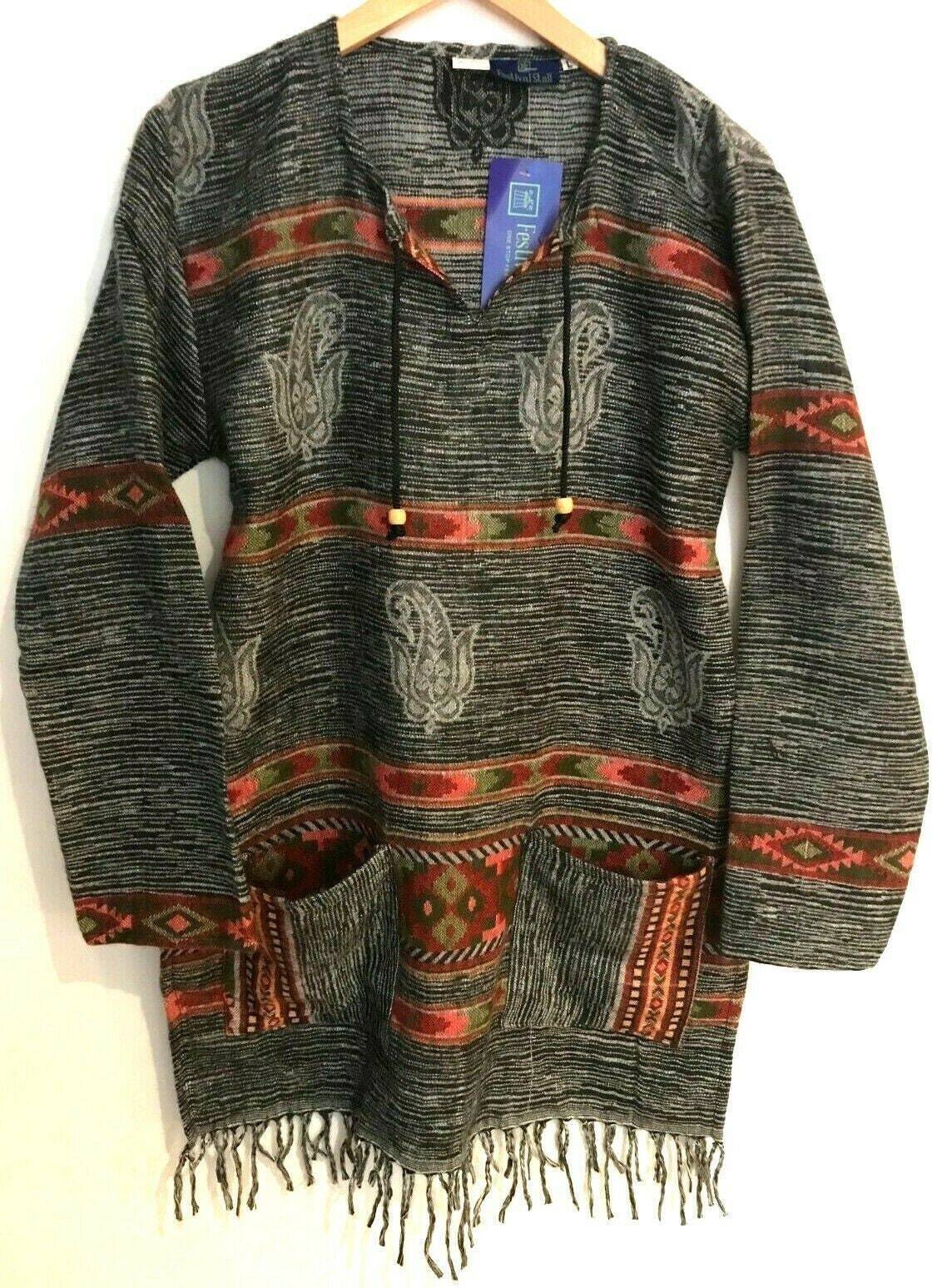 Festival Stall LTD Boho festival Clothing Boho hippie TUNIC grey winter warm tassel long sleeve blouse top 8 10 12 14