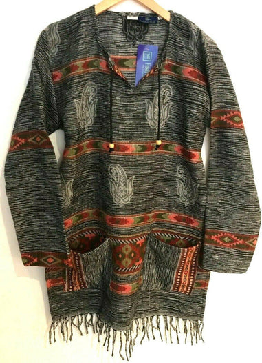 Festival Stall LTD Boho festival Clothing Boho hippie TUNIC grey winter warm tassel long sleeve blouse top 8 10 12 14